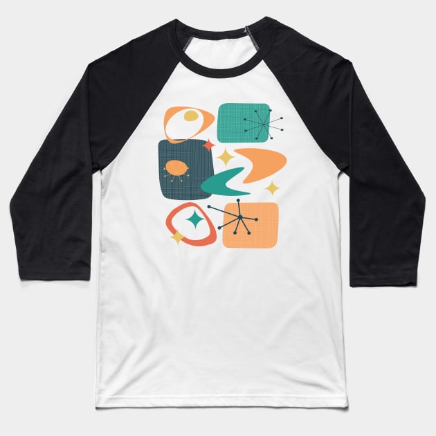 Atomic Age Mid Century 15 in Teal, Orange and Yellow Baseball T-Shirt by tramasdesign